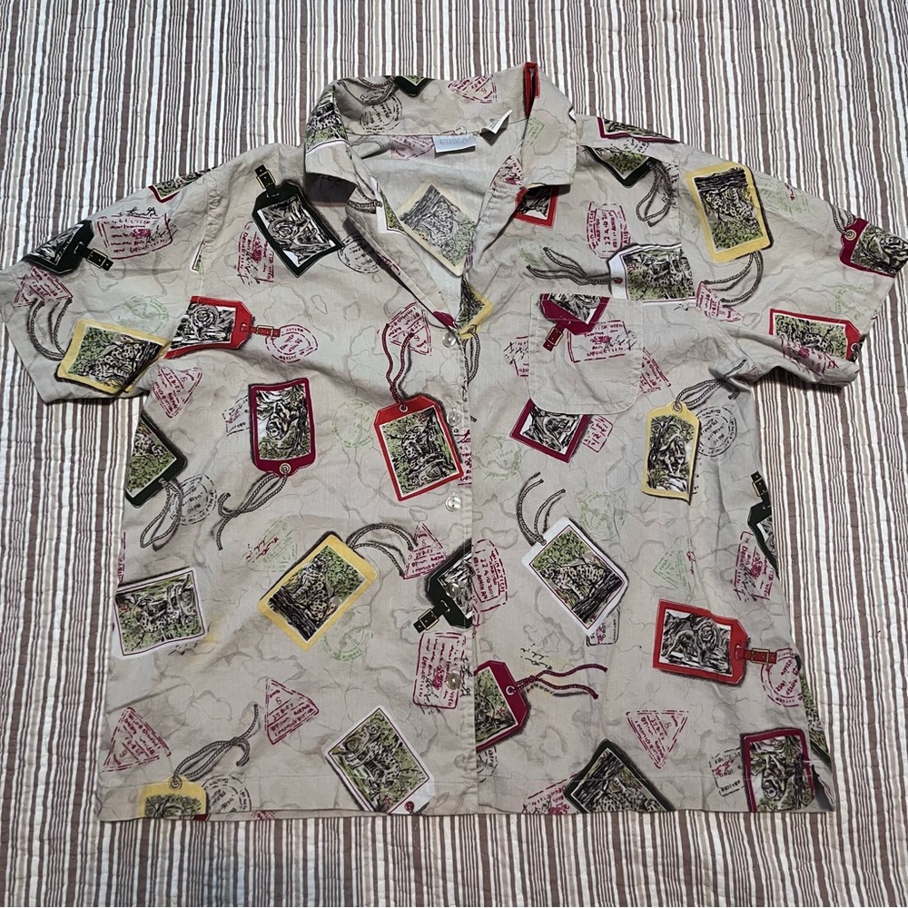 Vintage Erika Beige Short-Sleeve Button-Down Shirt with Multicolor Tag Prints